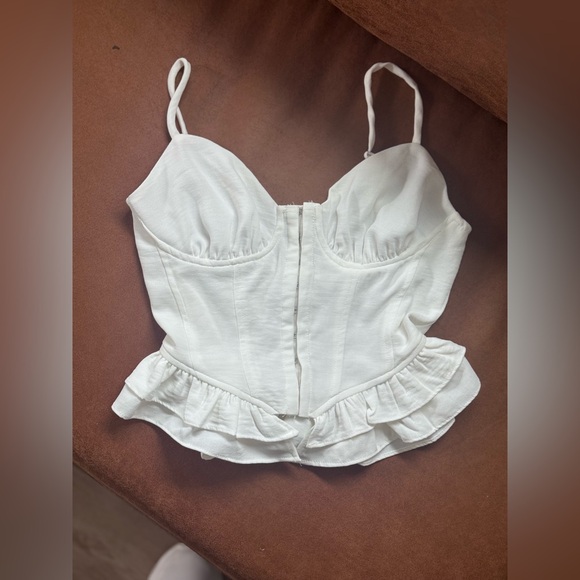 One Clothing Los Angeles Tops - White Corset Crop Top with Ruffle Hem